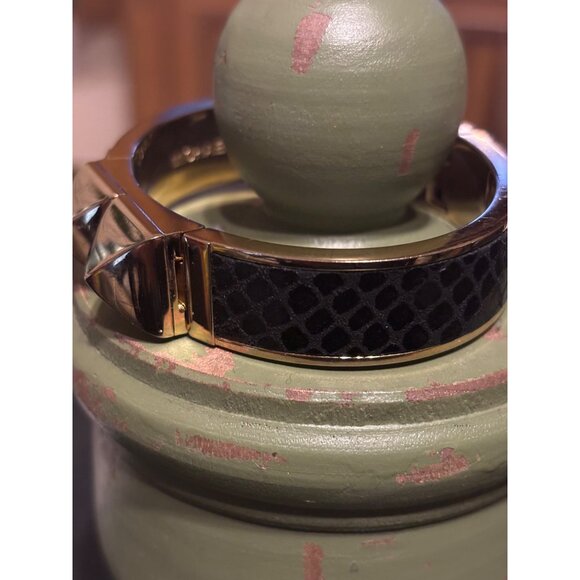 Michael Kors Python Embossed Leather Hinged Bangle Bracelet Golden Cuff - Picture 13 of 13